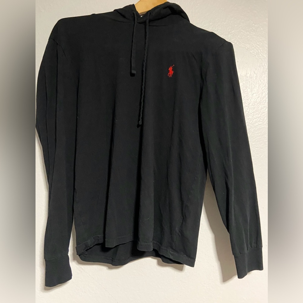 Polo by Ralph Lauren Men's hooded Black Long Sleeve Tee with Red Logo